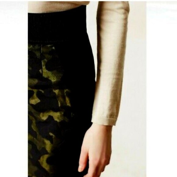 Anthropologie Maeve Jacquard Camo Khaki & Black Side Stripe Pencil Skirt 4 - Picture 15 of 16